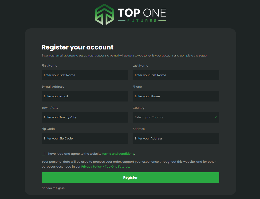 Toponefutures login page interface on desktop showing email and password fields